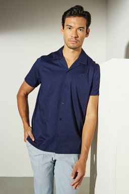 Comfort Fit Rahat Kesim Apaş Yaka Desenli Gömlek - Lacivert