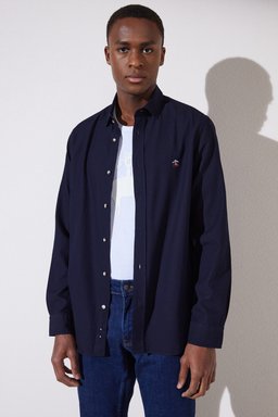 Slim Fit Dar Kesim Klasik Yaka Denim Gömlek - Lacivert (görsel 3)