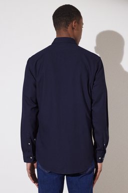 Slim Fit Dar Kesim Klasik Yaka Denim Gömlek - Lacivert (görsel 6)