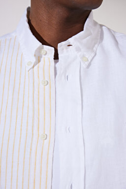 Slim Fit Dar Kesim Klask Yaka Fun Shirt Gömlek - Sarı-Beyaz (görsel 6)