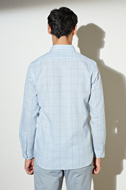 Slim Fit Dar Kesim Keten Karışımlı Düğmeli Yaka Desenli Gömlek - Mavi Kareli (görsel 4)