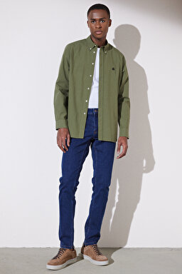 Slim Fit Dar Kesim Düğmeli Yaka Gömlek - Haki (görsel 7)