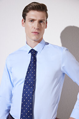 Slim Fit Dar Kesim Klasik Yaka %100 Pamuk Gömlek - Mavi (görsel 3)