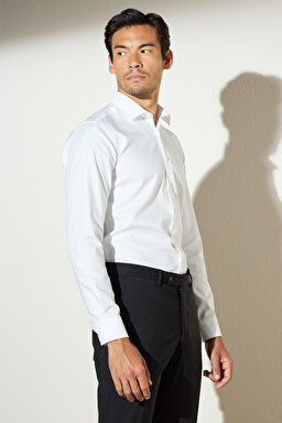 Slim Fit Dar Kesim Klasik Yaka Pamuk Gömlek - Beyaz
