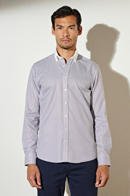 Slim Fit Dar Kesim Düğmeli Yaka %100 Pamuk Desenli Gömlek - Bordo-Beyaz