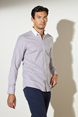 Slim Fit Dar Kesim Düğmeli Yaka %100 Pamuk Desenli Gömlek - Bordo-Beyaz (görsel 2)