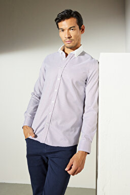 Slim Fit Dar Kesim Düğmeli Yaka %100 Pamuk Desenli Gömlek - Bordo-Beyaz (görsel 3)