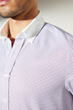 Slim Fit Dar Kesim Düğmeli Yaka %100 Pamuk Desenli Gömlek - Bordo-Beyaz (görsel 4)