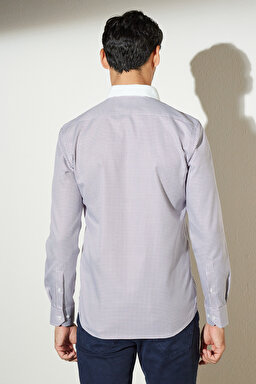 Slim Fit Dar Kesim Düğmeli Yaka %100 Pamuk Desenli Gömlek - Bordo-Beyaz (görsel 5)
