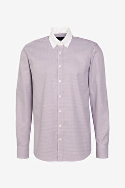 Slim Fit Dar Kesim Düğmeli Yaka %100 Pamuk Desenli Gömlek - Bordo-Beyaz (görsel 6)