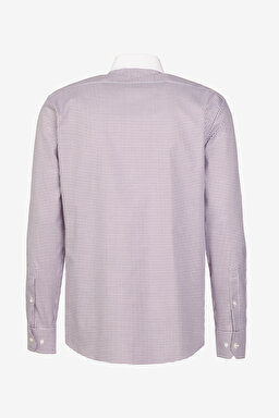 Slim Fit Dar Kesim Düğmeli Yaka %100 Pamuk Desenli Gömlek - Bordo-Beyaz (görsel 7)