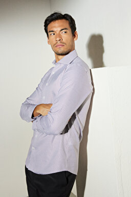 Slim Fit Dar Kesim İtalyan Yaka %100 Pamuk Desenli Gömlek - Bordo-Beyaz