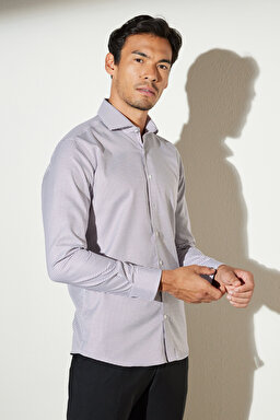 Slim Fit Dar Kesim İtalyan Yaka %100 Pamuk Desenli Gömlek - Bordo-Beyaz (görsel 2)