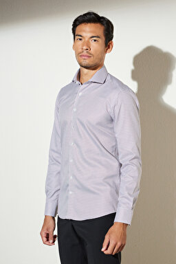 Slim Fit Dar Kesim İtalyan Yaka %100 Pamuk Desenli Gömlek - Bordo-Beyaz (görsel 3)