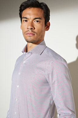 Slim Fit Dar Kesim İtalyan Yaka %100 Pamuk Desenli Gömlek - Bordo-Beyaz (görsel 5)