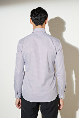 Slim Fit Dar Kesim İtalyan Yaka %100 Pamuk Desenli Gömlek - Bordo-Beyaz (görsel 6)