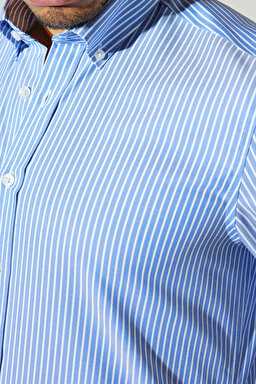 Slim Fit Dar Kesim Düğmeli Yaka %100 Pamuk Desenli Gömlek - Mavi-Beyaz (görsel 4)