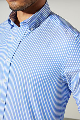 Slim Fit Dar Kesim Düğmeli Yaka %100 Pamuk Desenli Gömlek - Mavi-Beyaz (görsel 5)