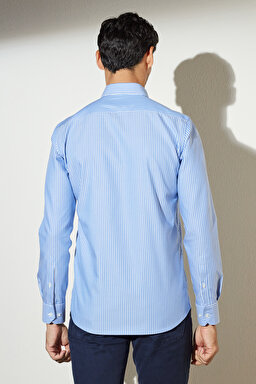 Slim Fit Dar Kesim Düğmeli Yaka %100 Pamuk Desenli Gömlek - Mavi-Beyaz (görsel 6)