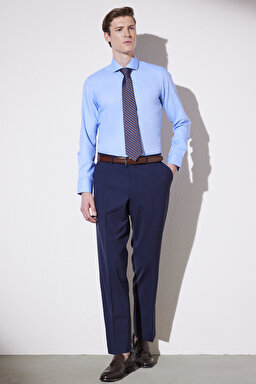 Slim Fit Dar Kesim İtalyan Yaka %100 Pamuk Gömlek - Mavi (görsel 7)