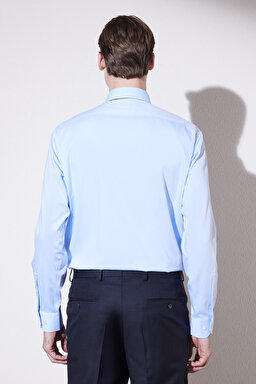 Comfort Fit Rahat Kesim Düğmeli Yaka %100 Pamuk Gabardin Gömlek - Mavi (görsel 5)