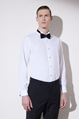 Slim Fit Dar Kesim Ata Yaka Smokin Gömlek - Beyaz