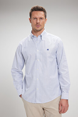 Ütü Gerektirmeyen Regular Fit Geniş Kesim Düğmeli Yaka Non- Iron Gömlek - Mavi