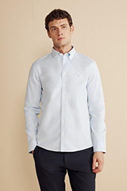 Ütü Gerektirmeyen Slim Fit Dar Kesim Pamuklu Non-Iron Gömlek - Mavi