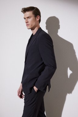 Slim Fit Dar Kesim Mono Yaka Desenli Takım Elbise - Siyah (görsel 4)