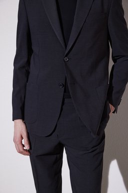 Slim Fit Dar Kesim Mono Yaka Desenli Takım Elbise - Siyah (görsel 8)