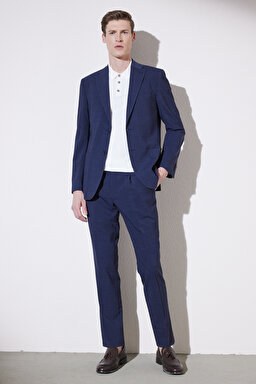 Slim Fit Dar Kesim Mono Yaka Desenli Takım Elbise - Lacivert (görsel 4)