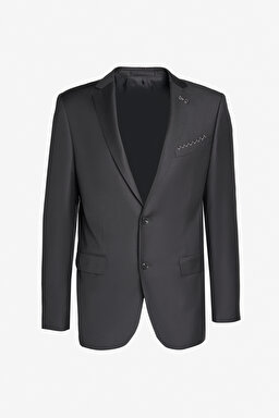 Comfort Fit Rahat Kesim Mono Yaka Desenli Yünlü Takım Elbise - Siyah (görsel 9)