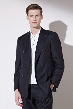 Slim Fit Dar Kesim Sivri Yaka Desenli Cepli Yünlü Takım Elbise - Siyah Çizgili (görsel 5)
