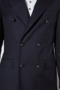 Slim Fit Dar Kesim Sivri Yaka Desenli Cepli Yünlü Takım Elbise - Siyah Çizgili (görsel 8)