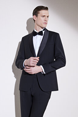 Slim Fit Dar Kesim Şal Yaka Cepli Smokin Takım - Siyah (görsel 2)