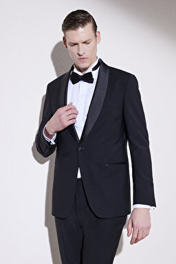 Slim Fit Dar Kesim Şal Yaka Cepli Smokin Takım - Siyah (görsel 3)