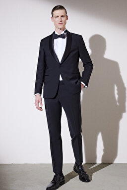 Slim Fit Dar Kesim Şal Yaka Cepli Smokin Takım - Siyah (görsel 5)