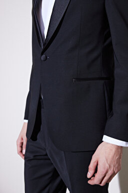Slim Fit Dar Kesim Şal Yaka Cepli Smokin Takım - Siyah (görsel 7)
