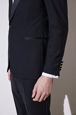 Slim Fit Dar Kesim Sivri Yaka Smokin Takım - Siyah (görsel 6)