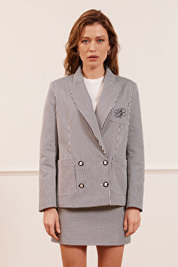 Logo Nakışlı Çizgili Kruvaze Oversize Ceket - Lacivert Çizgili (görsel 2)