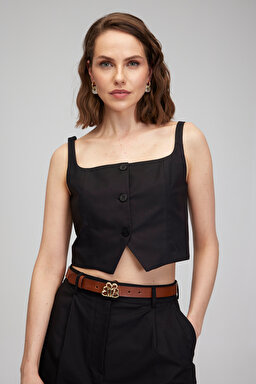 Siyah Askılı Crop Bustiyer - Siyah