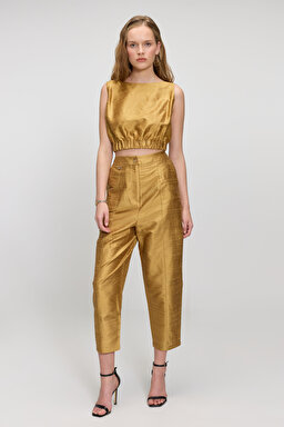 %100 İpek Sırt Dekolteli Crop Büstiyer - Camel (görsel 4)