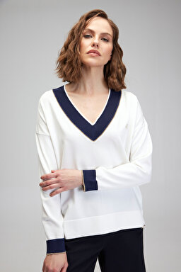 Ekru V Yaka Kadın Kazak - Ekru (görsel 4)