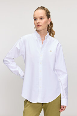 %100 Pamuk Logo Nakışlı Regular Fit Çizgili Oxford Gömlek - Beyaz