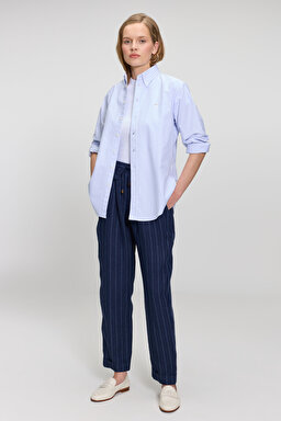 %100 Pamuk Logo Nakışlı Regular Fit Çizgili Oxford Gömlek - Mavi-Beyaz (görsel 3)