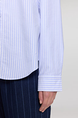 %100 Pamuk Logo Nakışlı Regular Fit Çizgili Oxford Gömlek - Mavi-Beyaz (görsel 5)