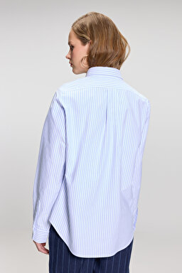 %100 Pamuk Logo Nakışlı Regular Fit Çizgili Oxford Gömlek - Mavi-Beyaz (görsel 6)