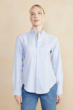 %100 Pamuk Logo Nakışlı Regular Fit Çizgili Oxford Gömlek - Mavi Çizgili (görsel 2)