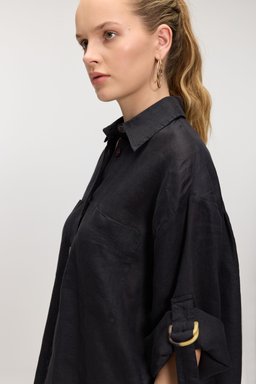 %100 Keten Klasik Yaka Apoletli Gömlek - Siyah (görsel 4)