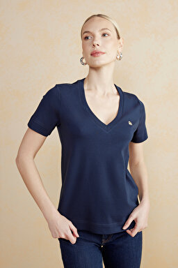 Gold Nakışlı V Yaka Basic Kadın T-shirt - Lacivert